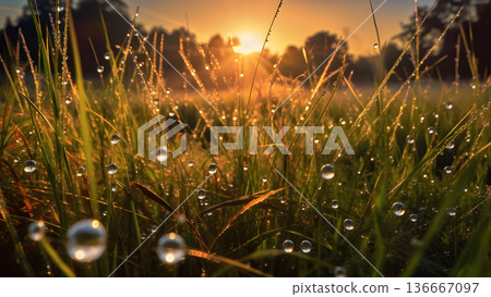 dew drops on morning grass at summer sunrise in the wild meadow, neural network generated photorealistic image 136667097