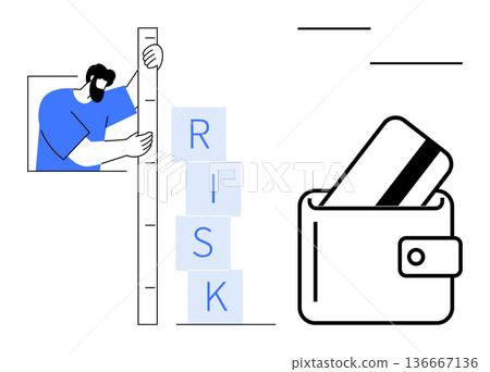 Financial security, risk management, fintech, budgeting, economic analysis, payment safety. Man measuring stacked blocks spelling Risk near a wallet with a credit card. Financial security and risk 136667136