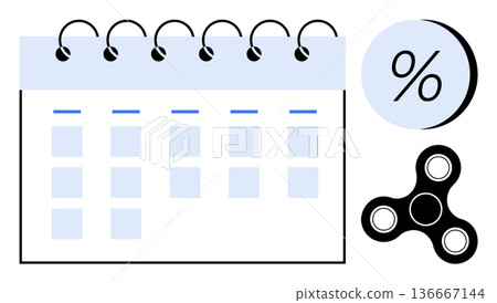 Time management, productivity tools, scheduling, goal setting, efficiency, task planning. Calendar page with percentage symbol and spinner object. Time management and productivity concepts 136667144