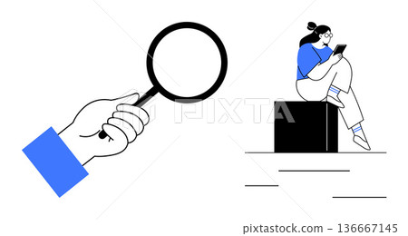 Data research, digital investigation, online search, modern technology, communication, user behavior. Hand holding a magnifying glass and woman using a smartphone. Data research and digital Data research, digital investigation, online search, modern technology, communication, user behavior. Hand holding a magnifying glass and woman using a smartphone. Data research and digital 136667145