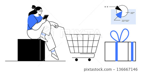 E-commerce, online shopping, consumer behavior, market analysis, digital transactions, gift purchasing. Woman using a tablet with a shopping cart, gift box and analytics chart. E-commerce and online E-commerce, online shopping, consumer behavior, market analysis, digital transactions, gift purchasing. Woman using a tablet with a shopping cart, gift box and analytics chart. E-commerce and online 136667146