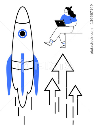 Business planning, startup growth, career development, innovation, technology, analytics. A rocket launching, upward arrows and a person working on a laptop. Business planning and startup growth 136667149