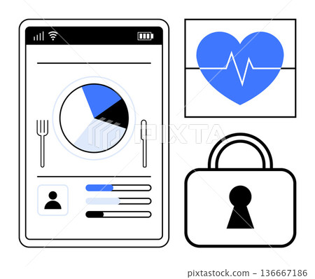 Health technology, data privacy, mobile apps, biometric tracking, fitness monitoring, security. A mobile chart interface, lock and heartbeat monitor symbol. Health technology and data privacy 136667186