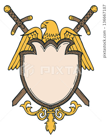 Elegant antique label frame. Blank blazon with crossed swords 136667187