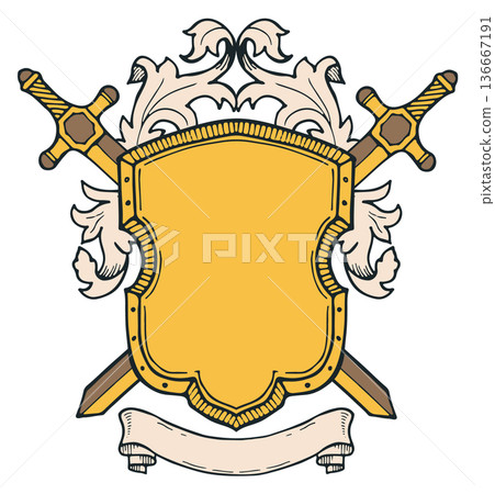 Golden shield and crossed swords. Ornate heraldry drawing Golden shield and crossed swords. Ornate heraldry drawing 136667191