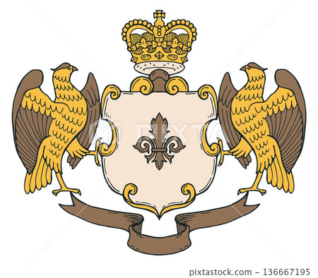Medieval royalty emblem with golden birds and crown insignia 136667195