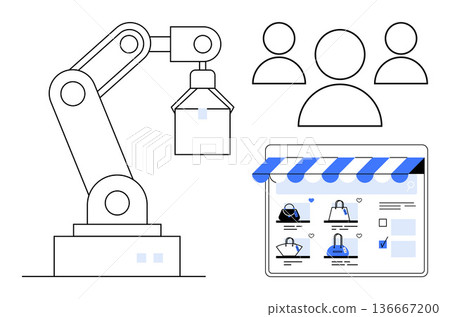 Automated systems, e-commerce, industrial manufacturing, digital retail, robotics, user interaction. Robotic arm beside icons of people and an online store interface. Automated systems and e-commerce Automated systems, e-commerce, industrial manufacturing, digital retail, robotics, user interaction. Robotic arm beside icons of people and an online store interface. Automated systems and e-commerce 136667200