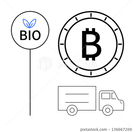 Sustainability, cryptocurrency, eco-friendly transport, blockchain, organic products, logistics. Bio sign with leaf, Bitcoin symbol and a delivery truck. Sustainability and blockchain concept Sustainability, cryptocurrency, eco-friendly transport, blockchain, organic products, logistics. Bio sign with leaf, Bitcoin symbol and a delivery truck. Sustainability and blockchain concept 136667209