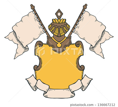 Vintage emblem template with blank flags color drawing Vintage emblem template with blank flags color drawing 136667212