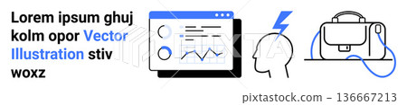Data visualization, brainstorming, business strategy, productivity, technology tools, analysis. Graph on a monitor, head with lightning and briefcase. Data visualization and brainstorming concept Data visualization, brainstorming, business strategy, productivity, technology tools, analysis. Graph on a monitor, head with lightning and briefcase. Data visualization and brainstorming concept 136667213
