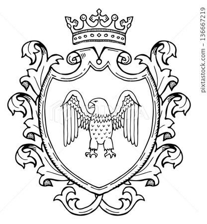 Royal baroque emblem with ornate crown bird insignia Royal baroque emblem with ornate crown bird insignia 136667219