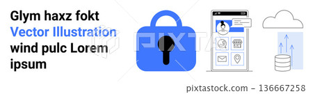 Data protection, cybersecurity, cloud backup, mobile technology, online authentication, information storage. Lock icon, smartphone with user interface cloud with arrows. Data protection 136667258