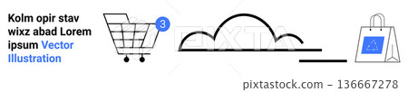 E-commerce, cloud storage, digital transactions, online shopping, retail technology, data syncing. Shopping cart with notification, cloud symbol shopping bag with product. E-commerce and cloud 136667278