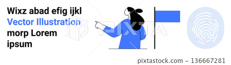 Biometric authentication, digital security, user interface, identity verification, data privacy, technology concepts. Woman pointing, fingerprint and flag elements. Biometric authentication 136667281