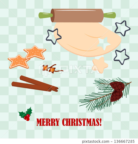 Merry Christmas greeting card with holiday baking ingredients including dough, rolling pin, cookie cutter, cinnamon sticks, holly, and pine branch. Merry Christmas greeting card with holiday baking ingredients including dough, rolling pin, cookie cutter, cinnamon sticks, holly, and pine branch. 136667285