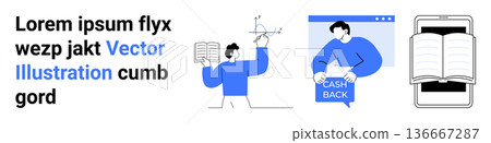 Online learning, financial rewards, knowledge sharing, e-wallet cashback, digital tools, e-books. Figure holding a book, person showing cashback. Online learning and financial rewards concept 136667287