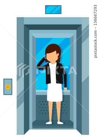 Woman in elevator calling. Cartoon person talking on phone Woman in elevator calling. Cartoon person talking on phone 136667293