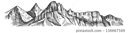High mountain peaks sketch. Rock scenery drawing High mountain peaks sketch. Rock scenery drawing 136667389