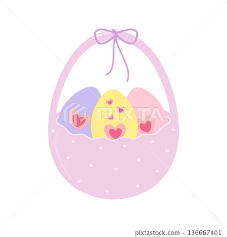 Bucket with Easter Eggs inside and Tied ribbon bow on handle Minimalist flat design in trendy pallet. Isolated Vector illustration Easter Holiday Thematic Card Party Invite Banner, leaflet, media post 136667401