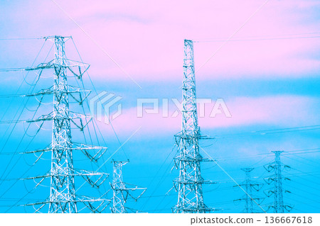 Japan's Electric Cityscape Japan's energy... Steel towers and countless power lines... Towards a new era... 136667618