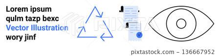 Recycling, sustainability, verification, observation, compliance, data analysis. Features a recycling symbol, verified document with a checklist and an outlined eye. Recycling and verification 136667952