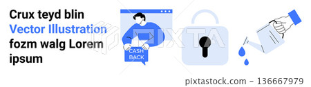 E-commerce, data security, digital banking, cashback offers, cyber safety, online payments protection. a man holding cashback, lock symbol and liquid spilling. E-commerce and data security concepts E-commerce, data security, digital banking, cashback offers, cyber safety, online payments protection. a man holding cashback, lock symbol and liquid spilling. E-commerce and data security concepts 136667979