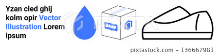 E-commerce, delivery services, digital shopping, water, fashion, sustainability. Blue water droplet, box labeled shop minimalist shoe outline. E-commerce and delivery services conceptual elements 136667981