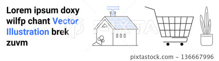 Renewable energy, lifestyle, eco-friendly living, shopping habits, environmental care, household planning. Solar-paneled house, cart and potted plant icons. Renewable energy and eco-friendly living 136667996