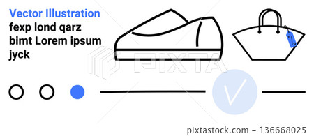 Fashion design, retail shopping, product branding, e-commerce, accessories, minimalistic style. Outlined icons of a shoe and handbag with minimal abstract shapes. Fashion design and retail shopping Fashion design, retail shopping, product branding, e-commerce, accessories, minimalistic style. Outlined icons of a shoe and handbag with minimal abstract shapes. Fashion design and retail shopping 136668025