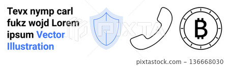 Cybersecurity, digital finance, blockchain technology, online payment security, telecommunication, virtual assets. Shield, phone icon and Bitcoin symbol. Cybersecurity and digital finance 136668030