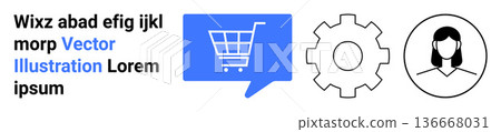 E-commerce, user experience, digital platforms, online shopping, system settings, technical tools. Shopping cart, gear and person icons illustrated cleanly. E-commerce and user experience E-commerce, user experience, digital platforms, online shopping, system settings, technical tools. Shopping cart, gear and person icons illustrated cleanly. E-commerce and user experience 136668031