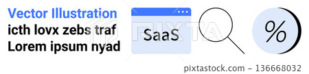 Software as a Service, digital platforms, data analysis, subscription economy, search tools, financial metrics. Browser window with SaaS text, magnifying glass icon percentage symbol. SaaS 136668032
