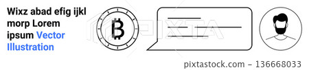 Cryptocurrency, blockchain, digital transactions, user communication, fintech, secure payments. Bitcoin logo, message bubble and user avatar icon. Cryptocurrency and blockchain conceptual design 136668033