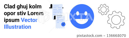Workflow optimization, communication, task management, productivity tools, efficiency, business processes. A happy face, document stack with checkmark and gear icons. Workflow and communication Workflow optimization, communication, task management, productivity tools, efficiency, business processes. A happy face, document stack with checkmark and gear icons. Workflow and communication 136668070