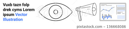 Marketing, analytics, communication, data visualization, advertising, digital strategy. Eye icon, megaphone and dashboard with graphs. Marketing and analytics conceptual design Marketing, analytics, communication, data visualization, advertising, digital strategy. Eye icon, megaphone and dashboard with graphs. Marketing and analytics conceptual design 136668086