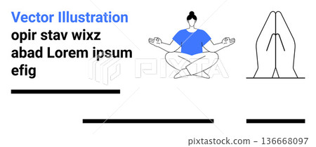 Meditation, yoga, mental wellness, mindfulness, relaxation, balance. A person in a yoga pose, sitting cross-legged with a hand gesture. Meditation and mindfulness 136668097