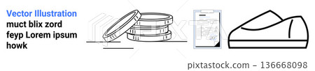 Finance, business, legal agreements, commerce, trade, economic principles. Illustration of a coin stack, legal document and shoe outline. Finance and business concepts 136668098