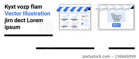 Online retail, e-commerce design, website templates, digital marketing, user interface, digital stores. Display of website interface with storefront and shopping cart. Online retail and e-commerce Online retail, e-commerce design, website templates, digital marketing, user interface, digital stores. Display of website interface with storefront and shopping cart. Online retail and e-commerce 136668099
