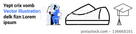 Education, technology, fashion, online learning, innovation, professional success. Person using tech, shoe silhouette and graduation cap outline. Education and technology concept 136668101