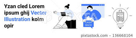 E-commerce, cashback, digital marketing, innovation, online shopping, remote work. A person on a laptop, cashback offer and a lightbulb with a device. E-commerce and cashback 136668104