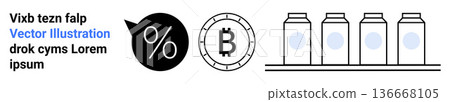Finance, cryptocurrency, economy, advertising, trading, stock market. Black percentage symbol, Bitcoin icon milk cartons in a row. Cryptocurrency and finance visual concept 136668105