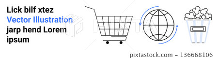 E-commerce, global connectivity, entertainment, online shopping, digital media, globalization. Shopping cart, globe with arrows popcorn bucket. E-commerce and global connectivity concepts 136668106