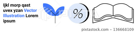 Education, sustainability, analytics, finance, knowledge sharing, creativity. A blue leaf, percentage sign and open book. Education and sustainability concept eco-growth and knowledge sharing Education, sustainability, analytics, finance, knowledge sharing, creativity. A blue leaf, percentage sign and open book. Education and sustainability concept eco-growth and knowledge sharing 136668109