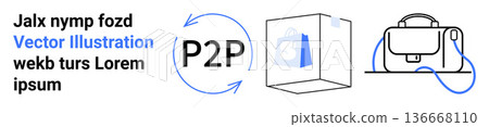 E-commerce, business transactions, online shopping, peer-to-peer trading, finance, education. Circular arrows around P2P, shopping bag box briefcase icon line art. E-commerce and business 136668110