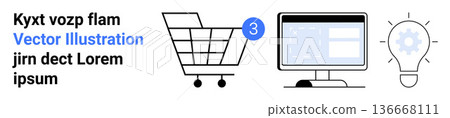 Online shopping, e-commerce platforms, innovative business ideas, technology use, software development, creativity. Shopping cart, monitor and lightbulb icons. Online shopping and innovation concept Online shopping, e-commerce platforms, innovative business ideas, technology use, software development, creativity. Shopping cart, monitor and lightbulb icons. Online shopping and innovation concept 136668111