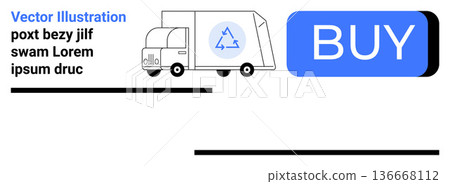 Sustainability, eco-commerce, environmental awareness, green practices, recycling, online shopping. A recycling truck and a blue buy button. Sustainability and eco-commerce Sustainability, eco-commerce, environmental awareness, green practices, recycling, online shopping. A recycling truck and a blue buy button. Sustainability and eco-commerce 136668112