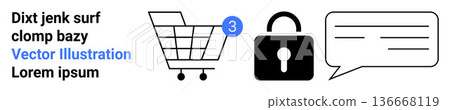 Online shopping, privacy protection, secure communication, notifications, digital commerce, messaging. Shopping cart with a notification badge, lock icon and speech bubble. Online shopping Online shopping, privacy protection, secure communication, notifications, digital commerce, messaging. Shopping cart with a notification badge, lock icon and speech bubble. Online shopping 136668119