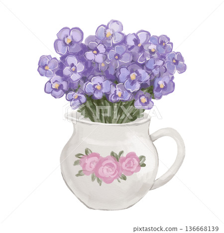 Vintage watercolour porcelain jug with purple spring flowers violets, hand drawn illustration Vintage watercolour porcelain jug with purple spring flowers violets, hand drawn illustration 136668139