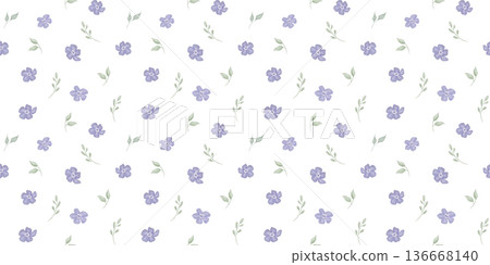 Small cottagecore seamless pattern, repeating romantic motif with delicate painted watercolour violet tiny flowers with leaves 136668140