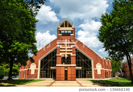 New Ebenezer Baptist Church Horizon Sanctuary in Atlanta, Georgia. Modern red brick religious building features a large glass facade and cross in the Martin Luther King Jr National Historical Park 136668190